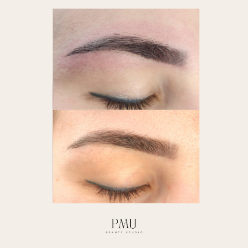 Before and after comparison of eyebrow grooming, showing a lighter, less defined eyebrow on top and a fuller, darker eyebrow on the bottom, with the PMU Beauty Studio logo at the bottom.